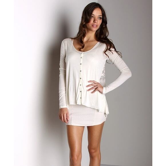 Free People Easy Breezy Jersey Lace Back Tee Smal Navy Blue Long Sleeve - Picture 2 of 13